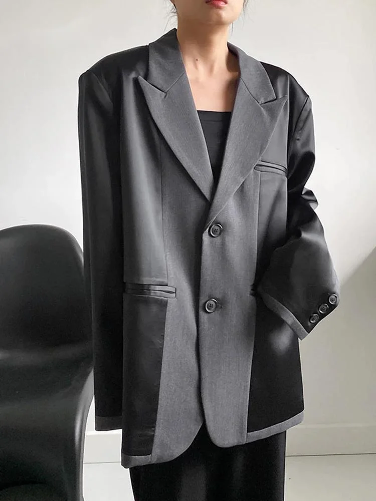 

LJHLJX Women Black Gray Color-block Big Size Blazer New Lapel Long Sleeve Loose Fit Jacket Fashion Spring Autumn 2024 AH490