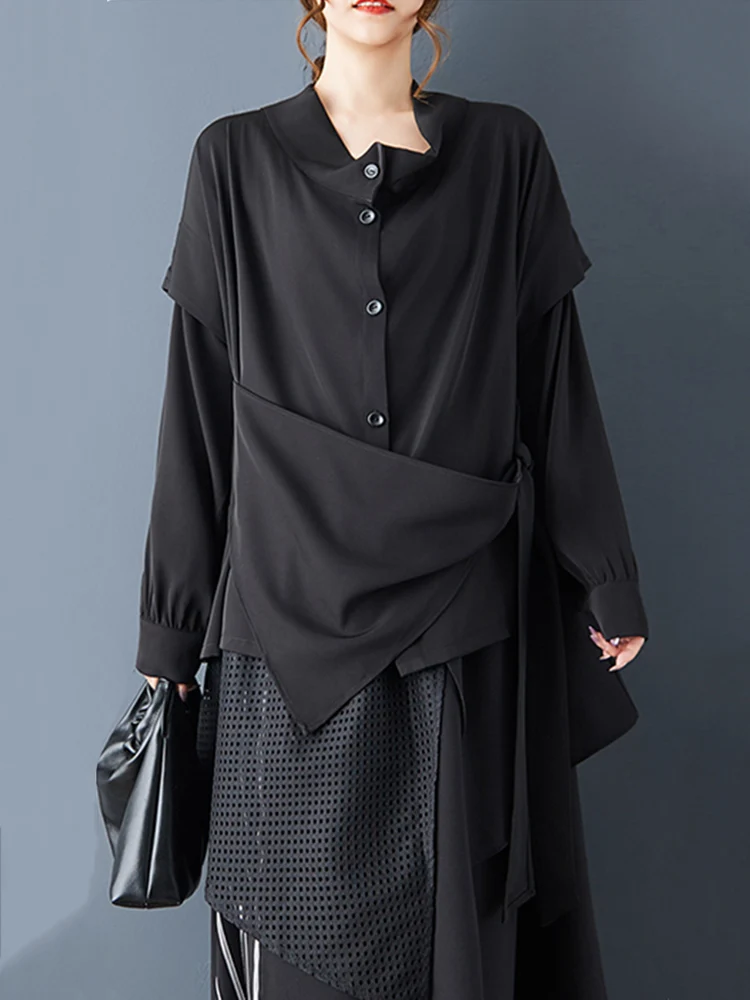 2025 Spring Autumn New Oversized Irregular Black Vintage Blouse Women Long Sleeve Loose Casual Shirt Top Lace-Up Fashion Clothes