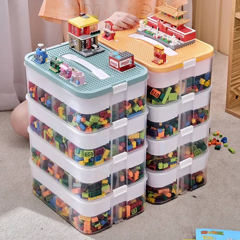 Caja de almacenamiento de bloques de construcción para niños, contenedor  ajustable Compatible con Lego, plástico con asa, rejilla, organizador de  juguetes, 2 capas - AliExpress