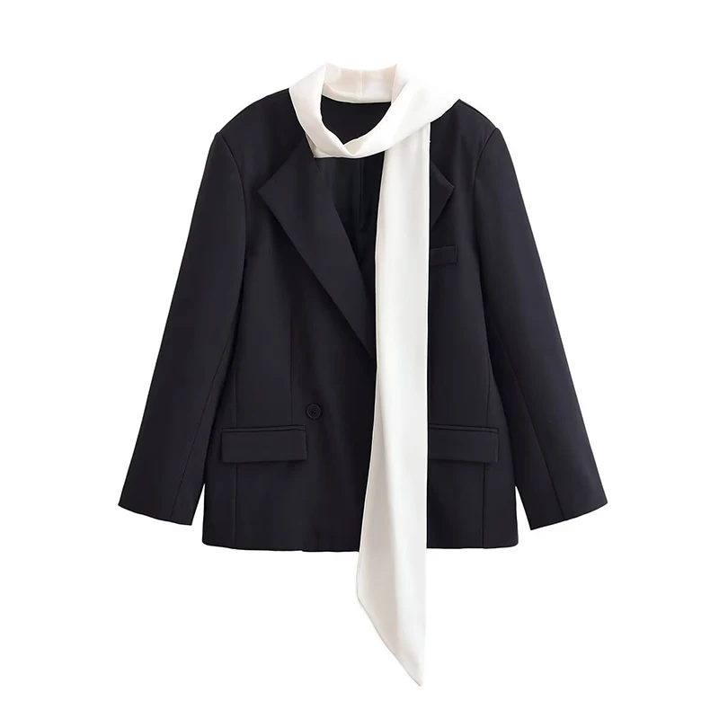 Elegant Color-block Scarf Detachable Blazer Women Chic Lapel Double Breasted Loose Jacket Female 2026 Spring Autumn Lady Coat ﻿