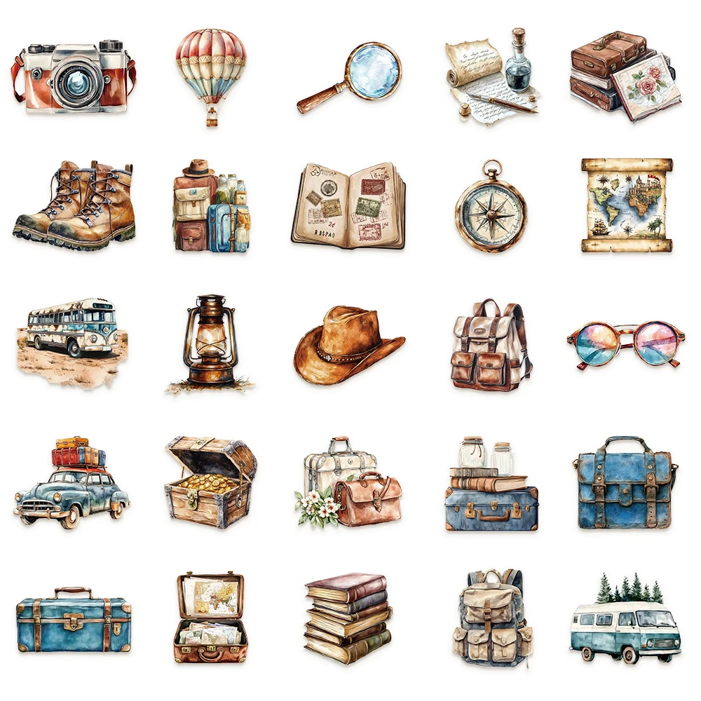 50 Stück Vintage-Reiseartikel-Aufkleber, transparent, PET, dekorativ, für Gepäck, Laptop, Sammelalbum, Handbuch, Tagebuch, DIY, Skateboard, Gitarre – Detail 2