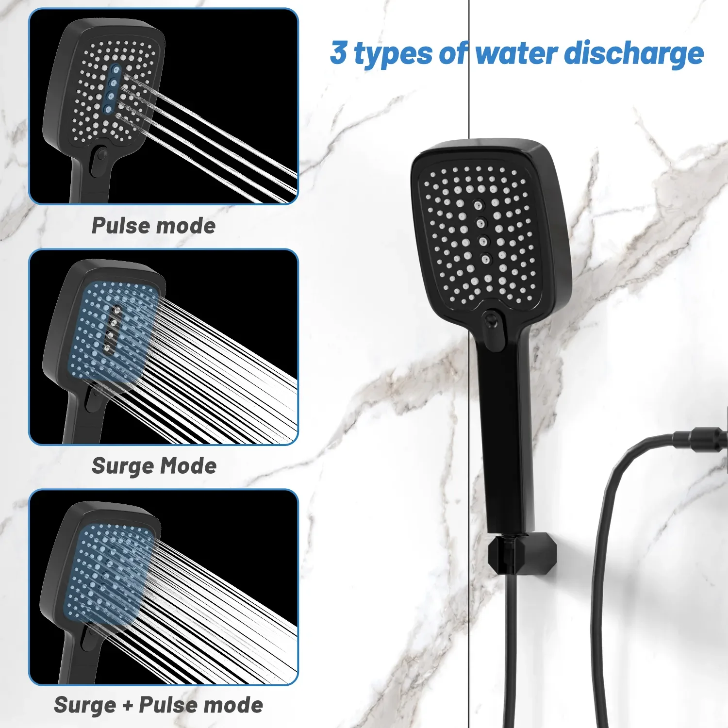 

New Black Shower Head with Large Panel 3 Modes Adjust With Self-Cleaning Silicone Nozzles Universal Handheld Bathroom Accessorie