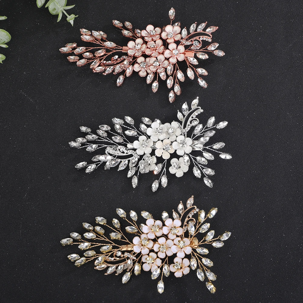 Trendy Silver Rhinestone Bridal Hair Clip Gold Flowers Wedding Hair Accessories Jewelry Handmade Party Headpiece for Women Tiara