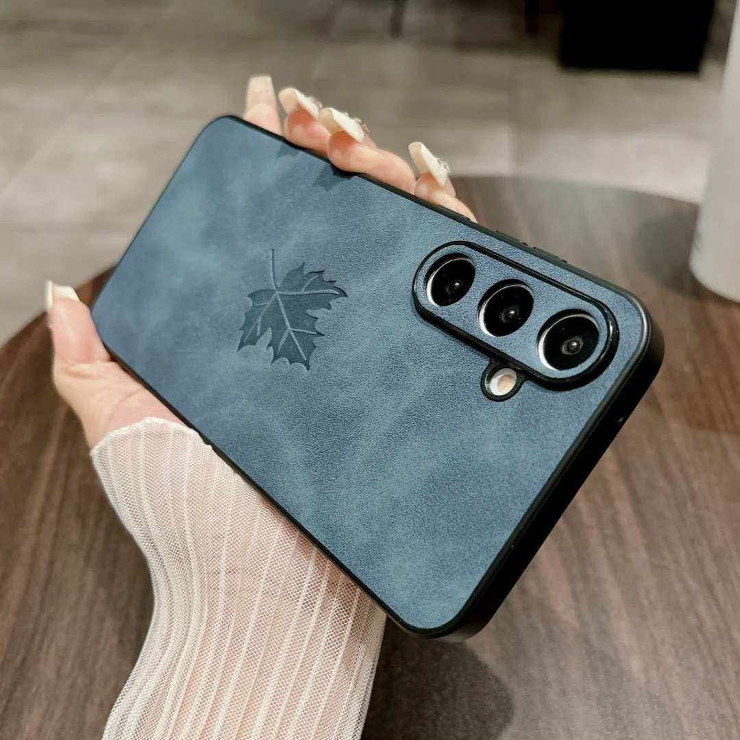 Retro Maple Leaf Pattern PU Leather Phone Case with Silicone Cover