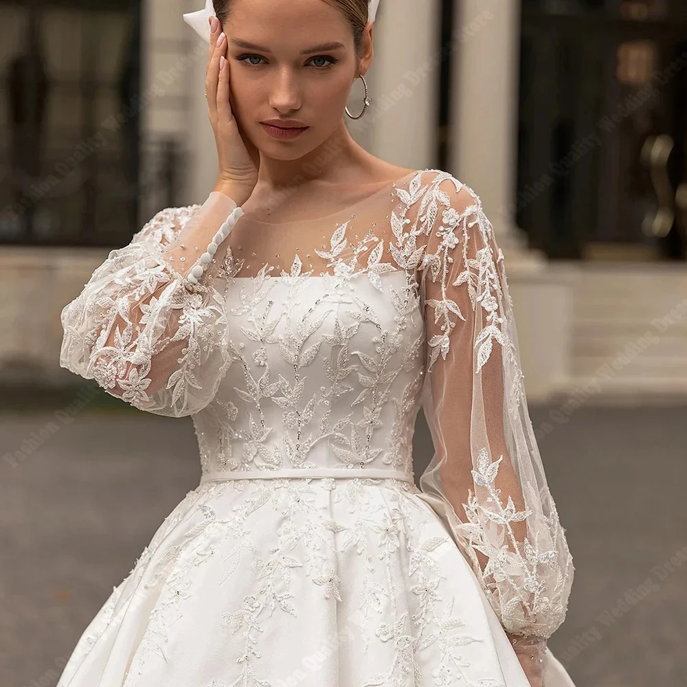 Beautiful Lace Printing Women Wedding Dresses Long Sleeves Vintage Bridal Gowns Shiny Decal Design Vestidos De Novia Customized 3