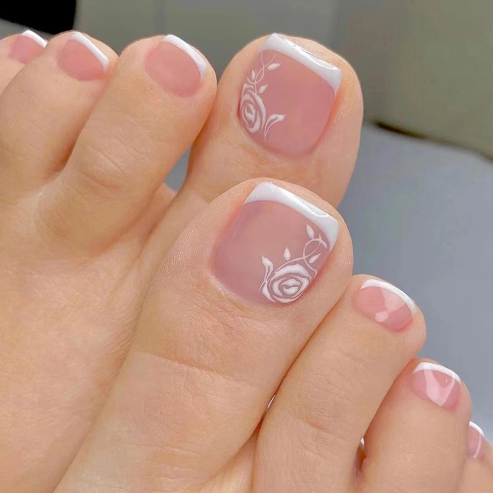 Uñas postizas para los pies, 24 piezas, puntas para los pies, diseño  francés con borde blanco, verano 2022 - AliExpress