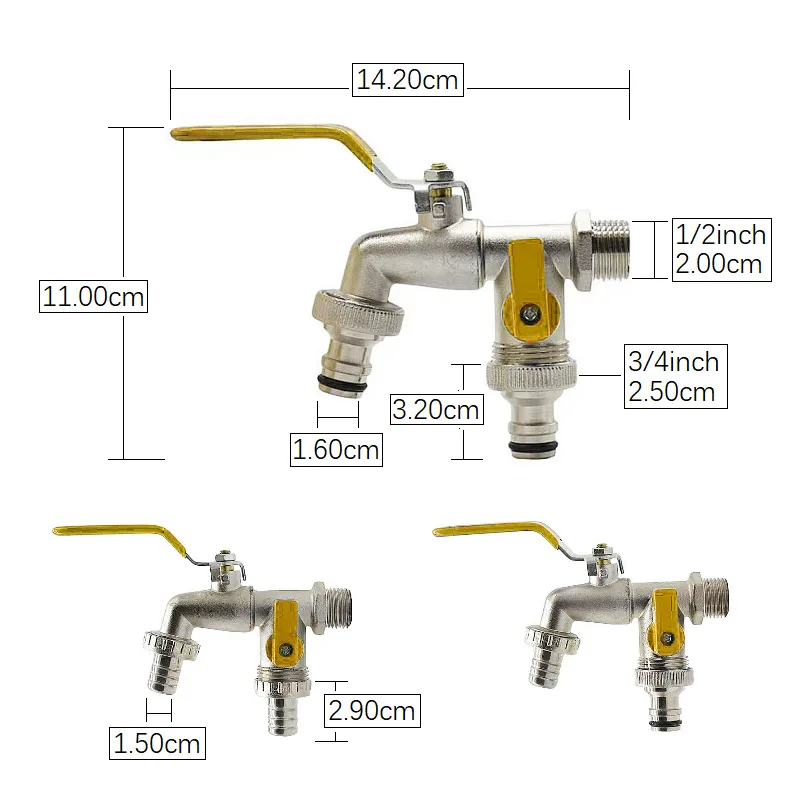 Water Tap Faucet Garden Bibcocks Outdoor Double Water Tap Faucet Exterior Garden Hose Faucet Adapter 1/2" IBC Water Tank Connector 1-Way 2-Way Brass Tap