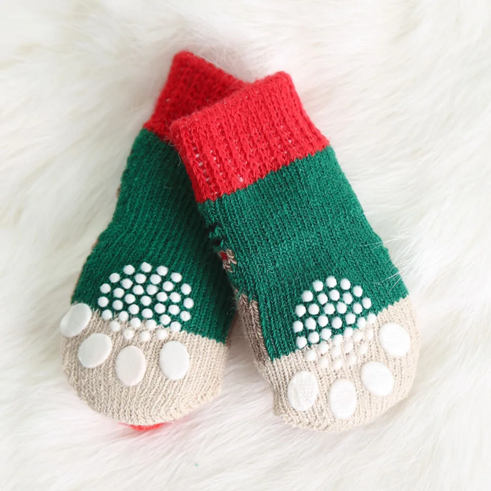 4Pcs Small Dog Cat Non-Slip Socks Pet Christmas Shoes Festival Themed Woven Paw Protector Knitting Pet Supplies For Floor Indoor pet shoes dog socks