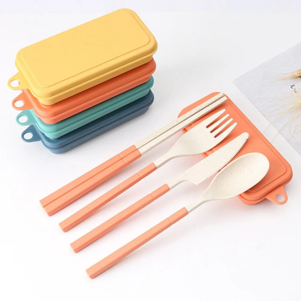 Portable Chopsticks Box Fork Spoons Storage Case Wheat Straw Traveling Tableware 