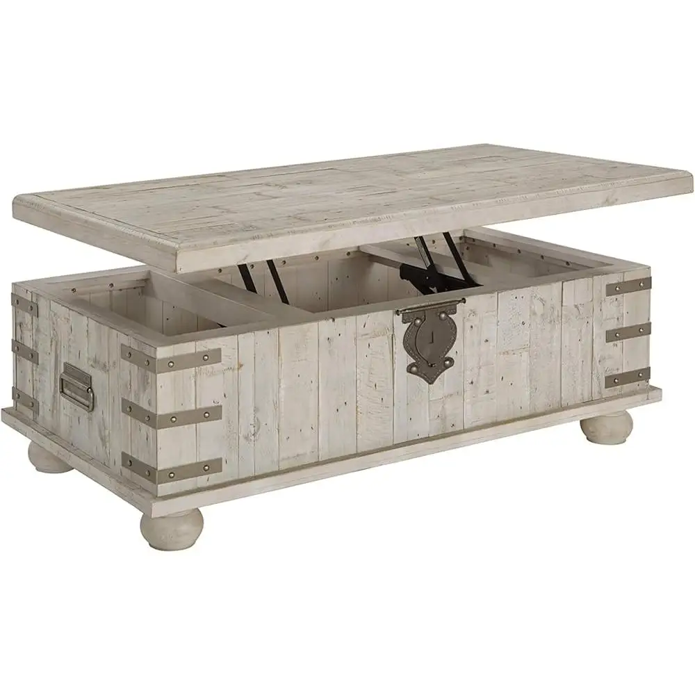 Reclaimed Solid Pine Coffee Table Distressed Finish Whitewash 2 Handles Metal Accents Residential Use Durable Design 350 lbs 5