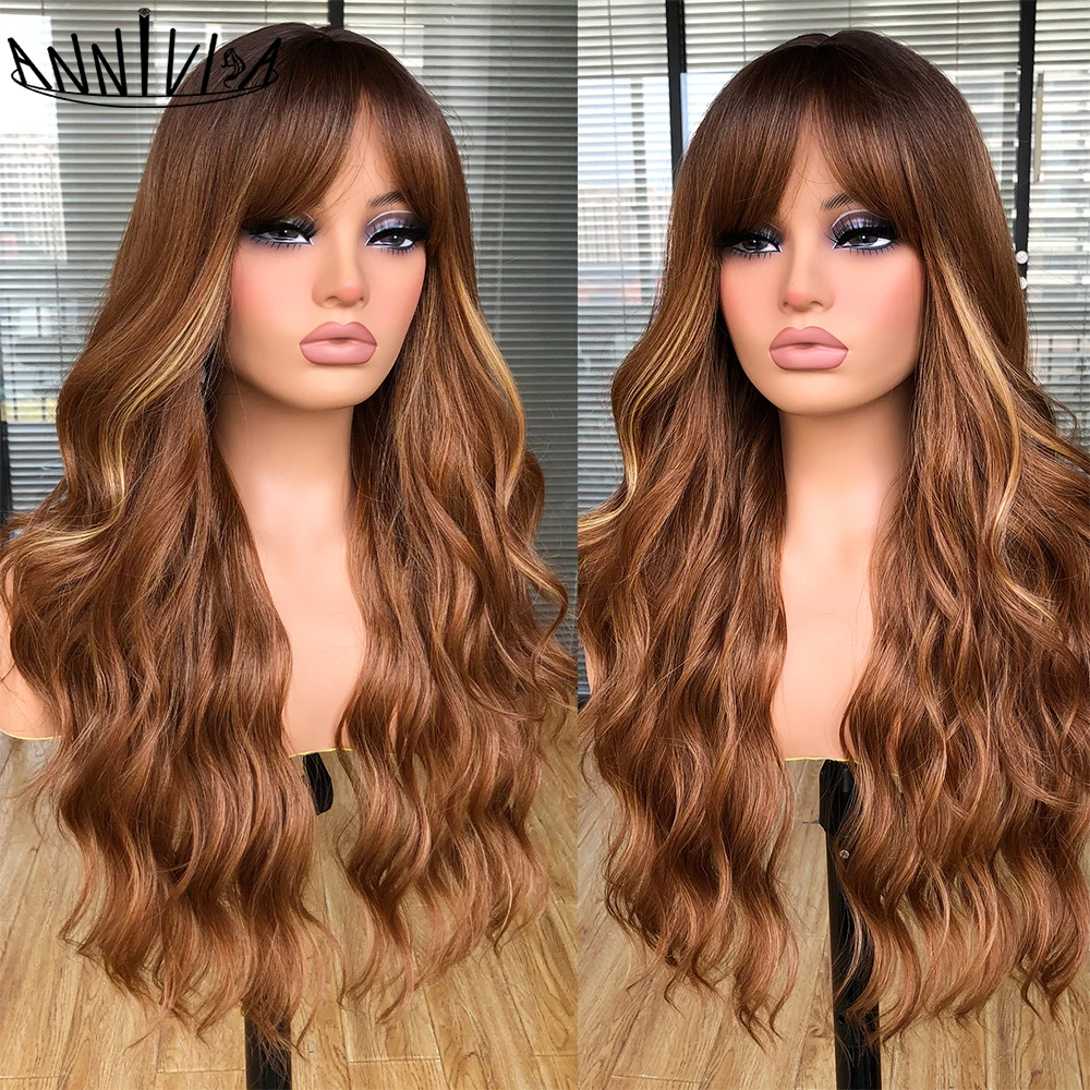 Brown Blonde Ombre Synthetic Wigs with Bangs Long Wavy Wigs Daily Cosplay Party Use Heat Resistant Fibe for Women synthetic blonde wig with bangs short none lace front wig for women middle parting daily cosplay party heat resistant bang wig