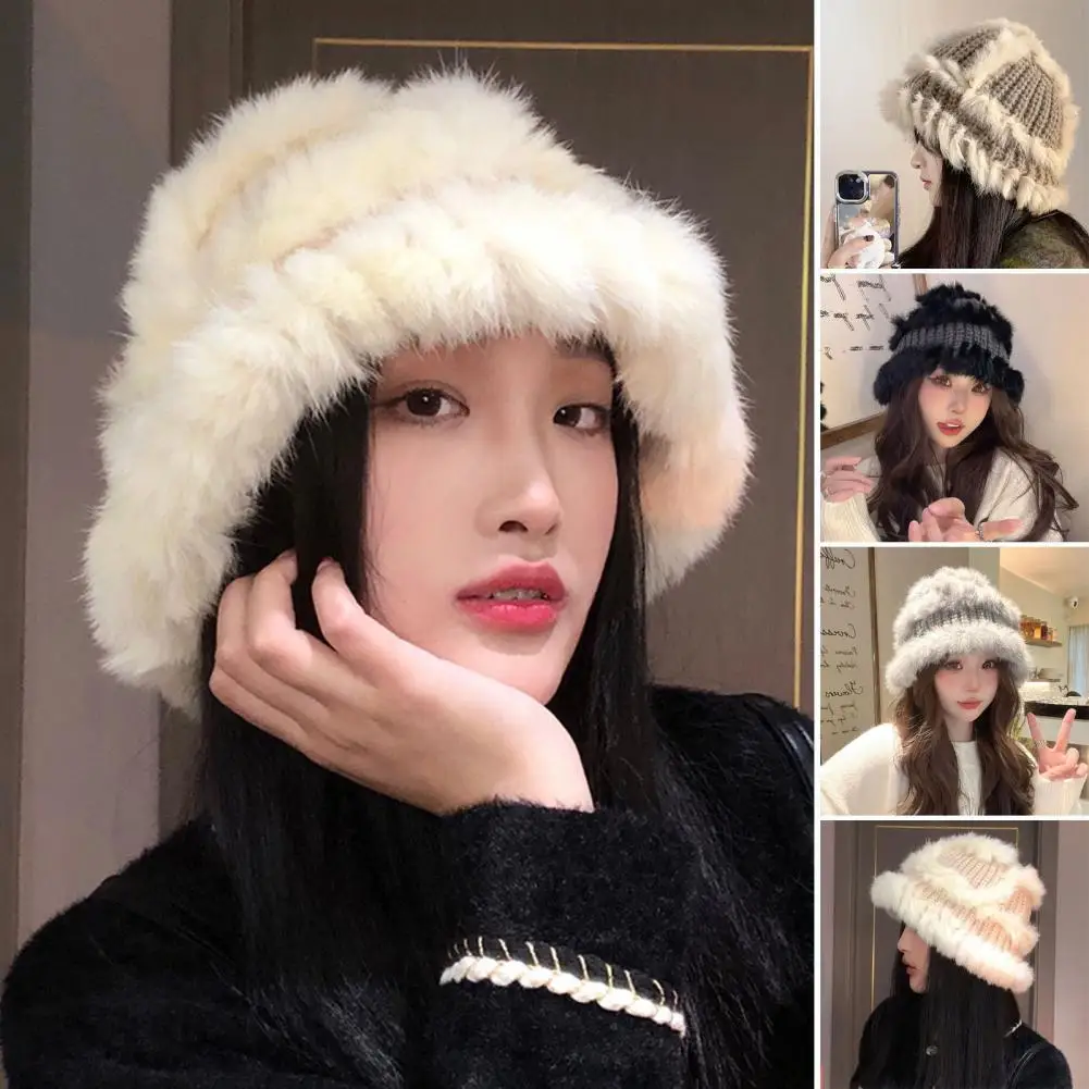 

Exquisite Hat Stylish Women's Winter Hat Knitted Fluffy Faux Fur High Elasticity Windproof Warm Outdoor Cap for Cold Weather