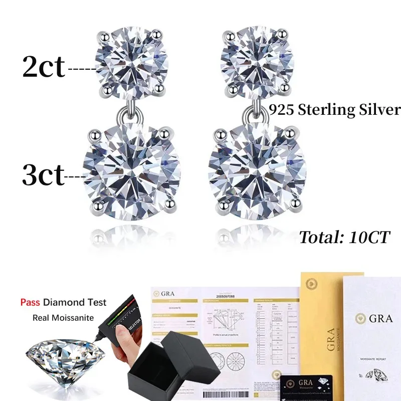 NKHOG 10CT Moissanite Earrings Women S925 Silver Sparkling Round Cut Diamond Water Drop Ear Studs Gifts Fine Jewelry Tested Pass