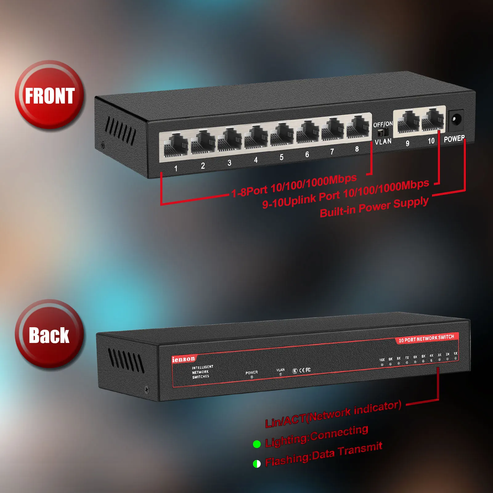 Gigabit Switch 10 Port 1000Mbps Network Switch with 2 Uplink Port IEEE 802.3af/at Fast Ethernet Switch for IP Camera wireless AP