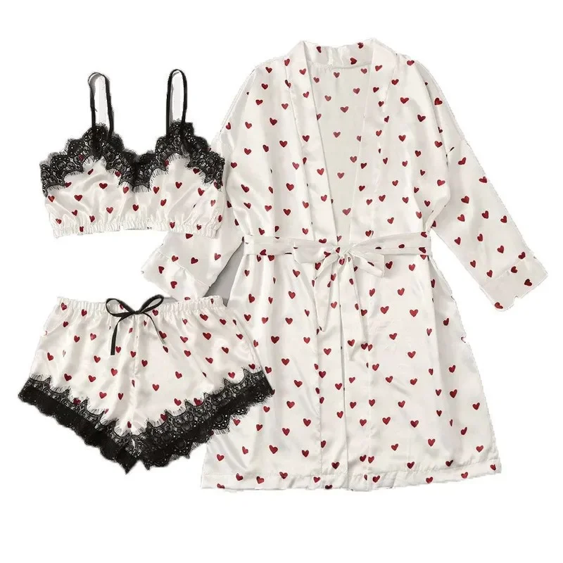 Women Pajamas Set 3Pcs/2Pcs Satin Ice Silk Heart Print Lace Sleeping Skirt Seamless Homewear Pajama Shorts Set Sleepwear women pajamas set,women pajama suit