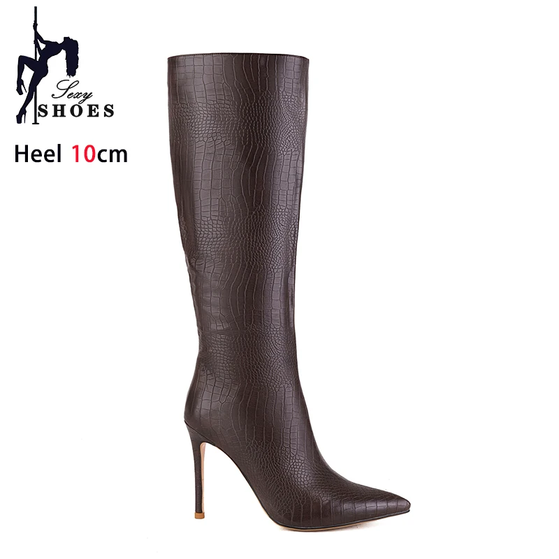 Fashion Embossed Women Knee High Boots Sexy Pointy Toe High Heels 2025 Autumn Winter Female Shoes Botas Mujer Silvery Long Boots