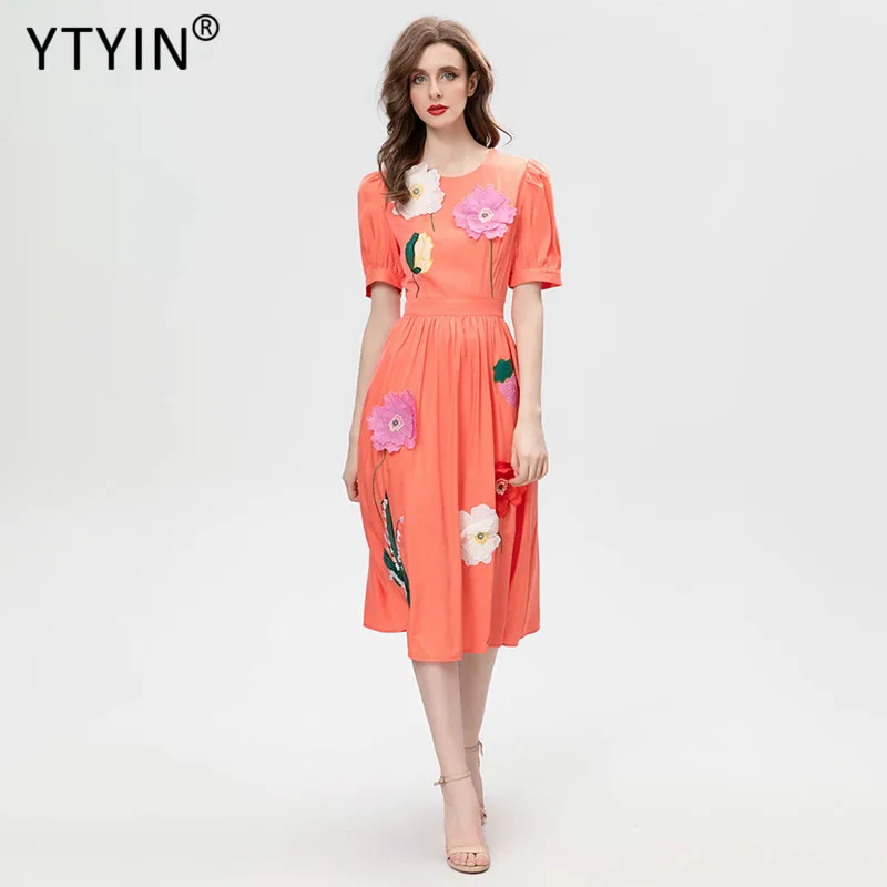 

YTYIN Summer New Short-sleeved Embroidered Appliques Women's High Quality Pleated Pretty Beaded Elegant A-line MIDI Dresses