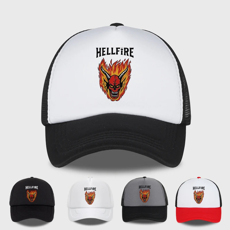MLFO Hellfire Demon Flame Skull 프린트 트러커 캡 레트로 스..