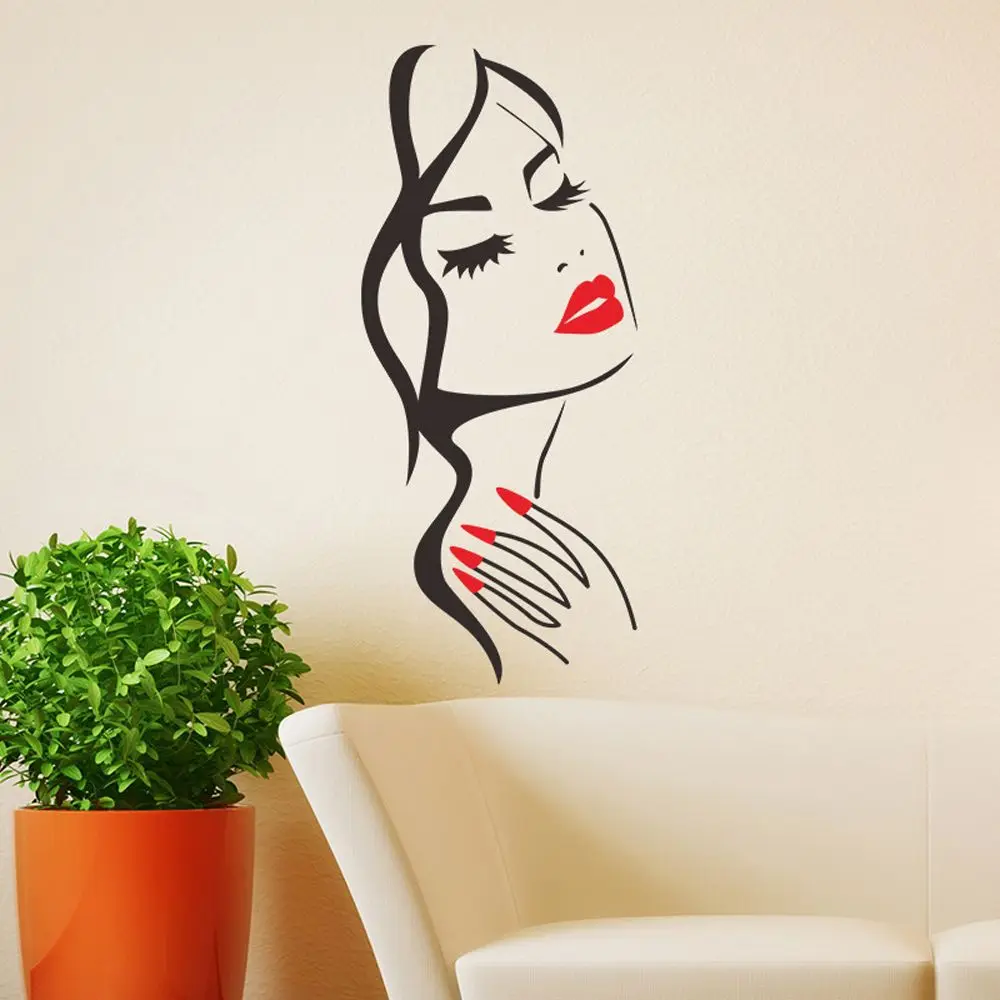 

T147# Beauty Salon Wall Stickers Hand Manicure Nail Salon Beautiful Girl Face Wall Decal Art Posters Living Room Home Decoration