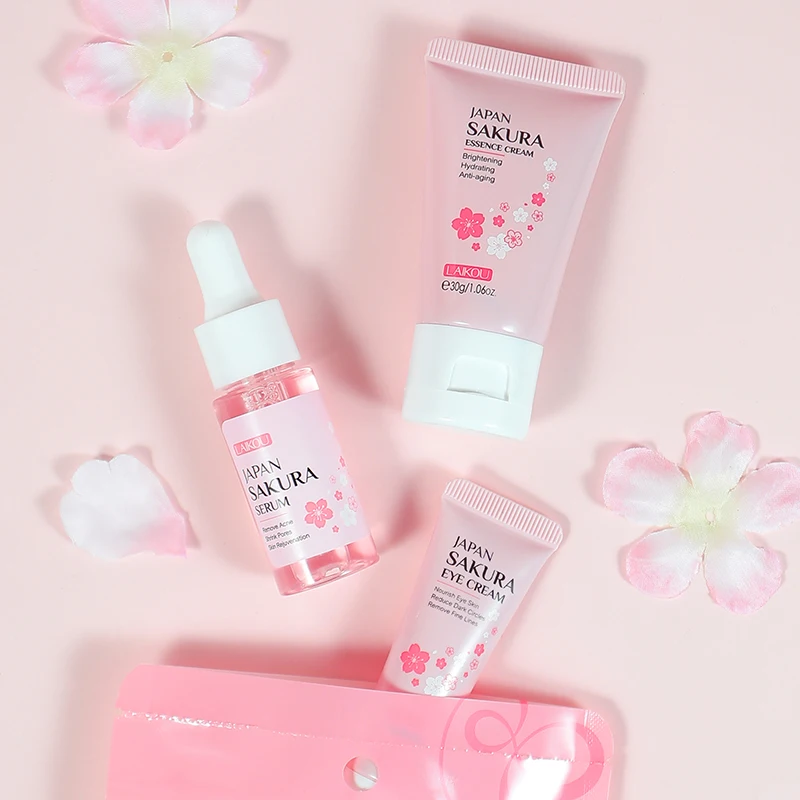 LAIKOU Sakura Brightening Facial Serum Lighten Blemishes Cream Reduce Wrinkles Moisturizer 3pcs/Set