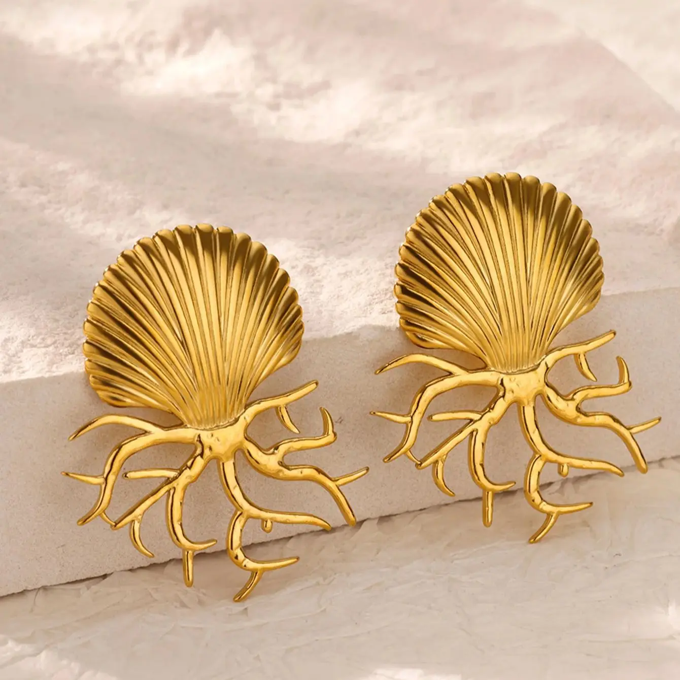 Exaggerated Shell Earrings Gold Color Stainless Steel