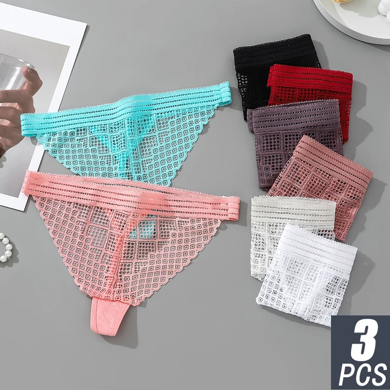 

3pcs Creative Exquisite GK Brand Women Underwear Mesh Hollow Light Thin Ladies Thongs Solid Color Seamless G-string Lingerie