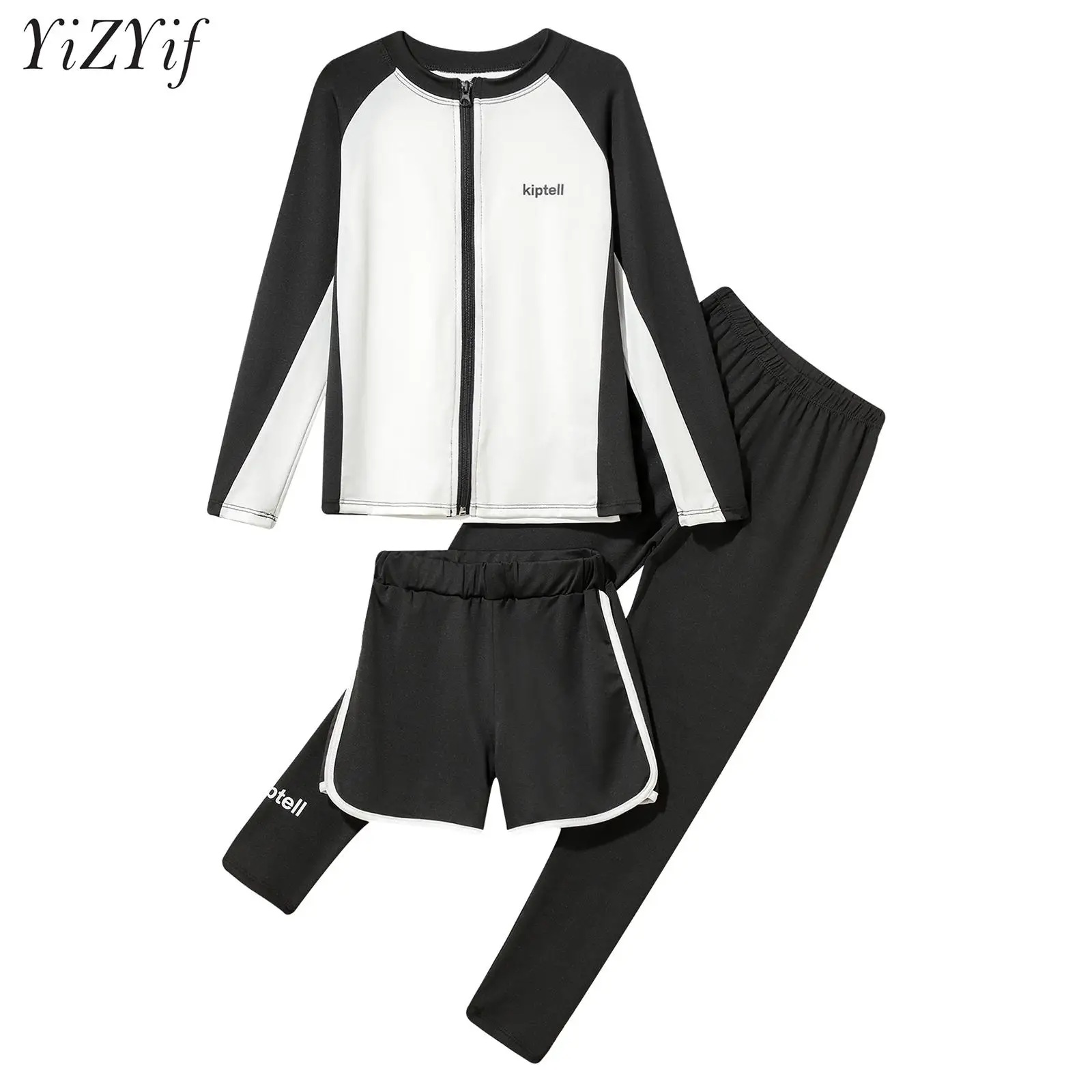 

Kids Boys 3 Piece Sport Bathing Suit Long Sleeve Front Zipper Coat Leggings Shorts UV Rash Guard Swimwear Tankini Swimsuit Set