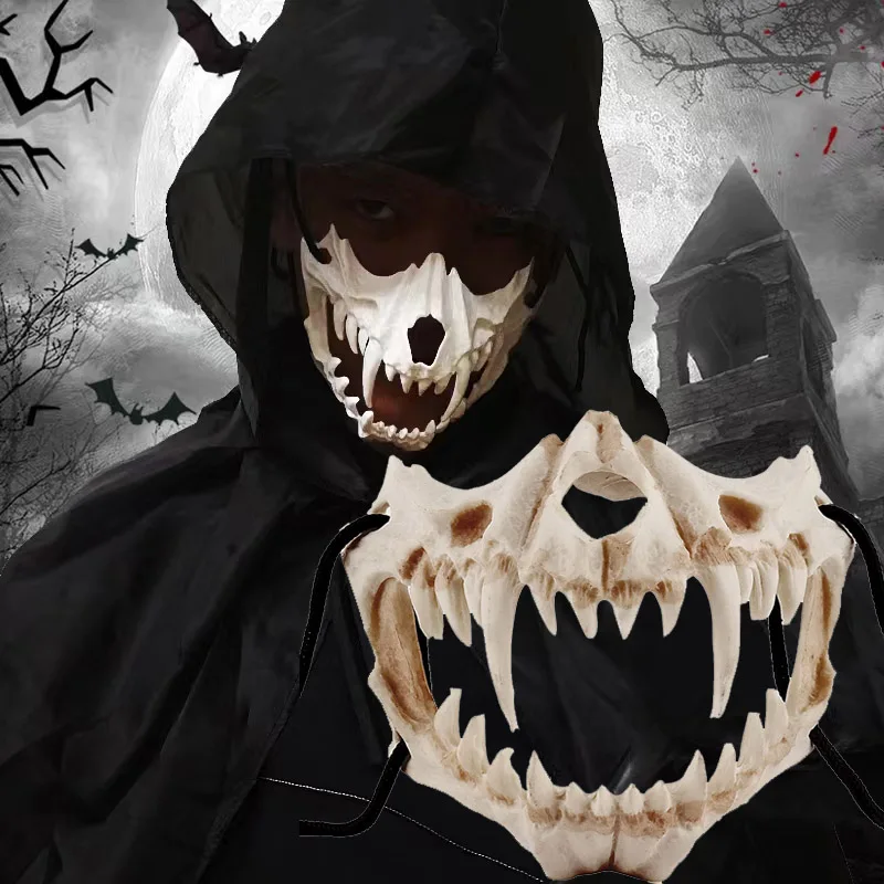 

Party Mask Long Teeth Demon Samurai Skeleton Half Face Mask Wolf Dragon Tiger Houjuu Nue Mask Cosplay Halloween Costume Props
