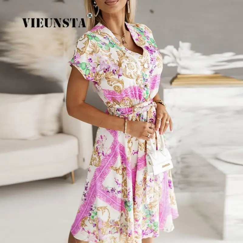 

Lady Casual Elegant Tie-Up V Neck Commute Dress Summer Floral Print Short Sleeve Midi Dress Women Sexy Bandage Loose Beach Dress