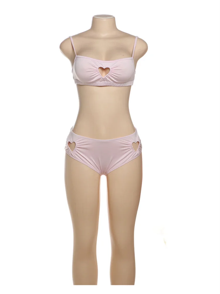 Nibber Sexy Heart Hollow 2 Piece Set Women Simple Vacation Camisole+Panties Beach Style Matching Stretch Street Comfortable Suit