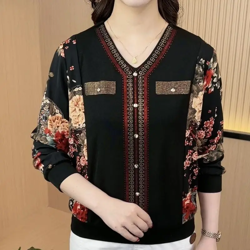 Vintage V-Neck Printed Spliced Diamonds Blouses Women's Clothing 2023 Autumn Winter All-match Pullovers Loose Casual Shirts