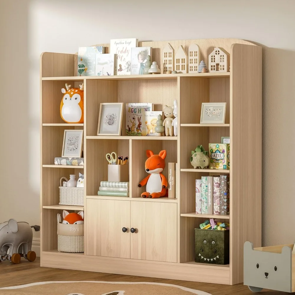 White Kids Bookshelf, Kids Bookcase with 11 Cubbies and 2 Cabinets, Freestanding Book Storage Shelves for Bedroom