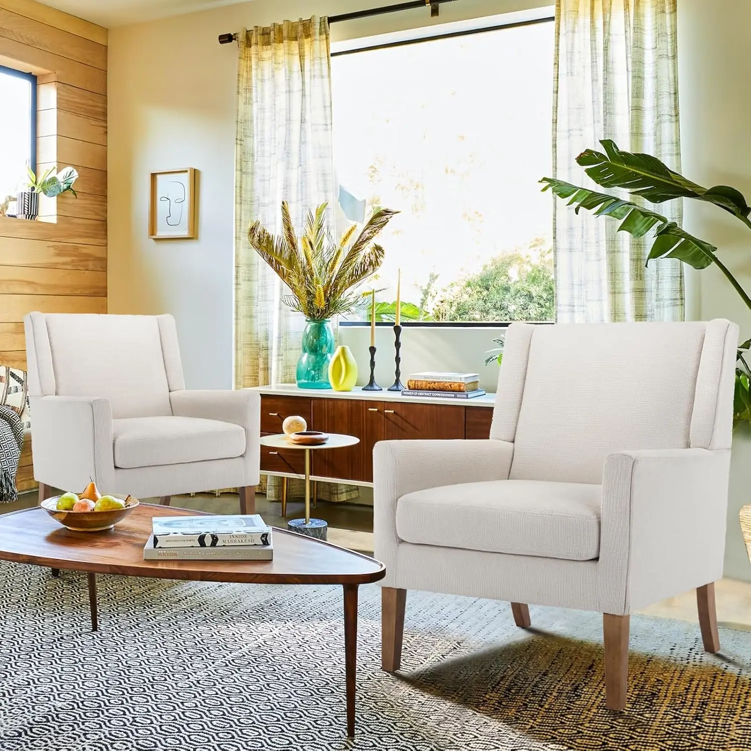 COLAMY Modern Wingback Living Room Chair, Upholstered Fabric Accent Armchair, Single Sofa Chair with Lounge Seat and Wood Le 6