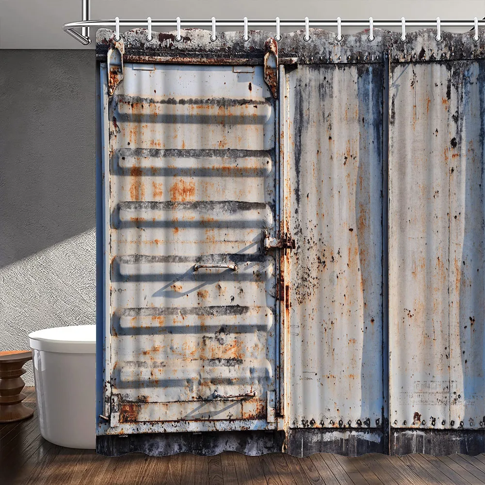 Industrial Style Waterproof Shower Curtain Vintage Railroad Container Metal Door Decoration Home Decoration Fabric Curtain Hooks