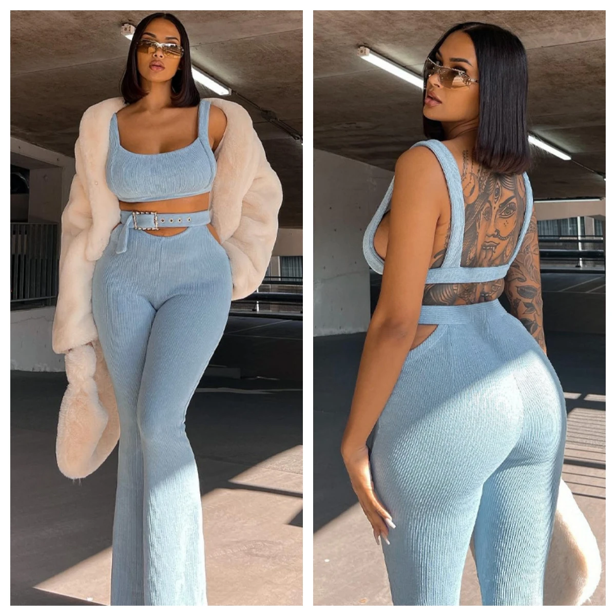 Solid Ribbed Two Piece Set Women Sexy Tank Crop Top Belt High Waist Slim Flare Pants Stretchy Casual Jogging Suits Tracksuits