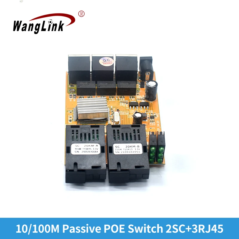 Wanglink 2F3E Passive POE PCB Fiber Optical Media Converter Single Mode 3 RJ45 and 2 SC fiber Port 10/100M PCBA