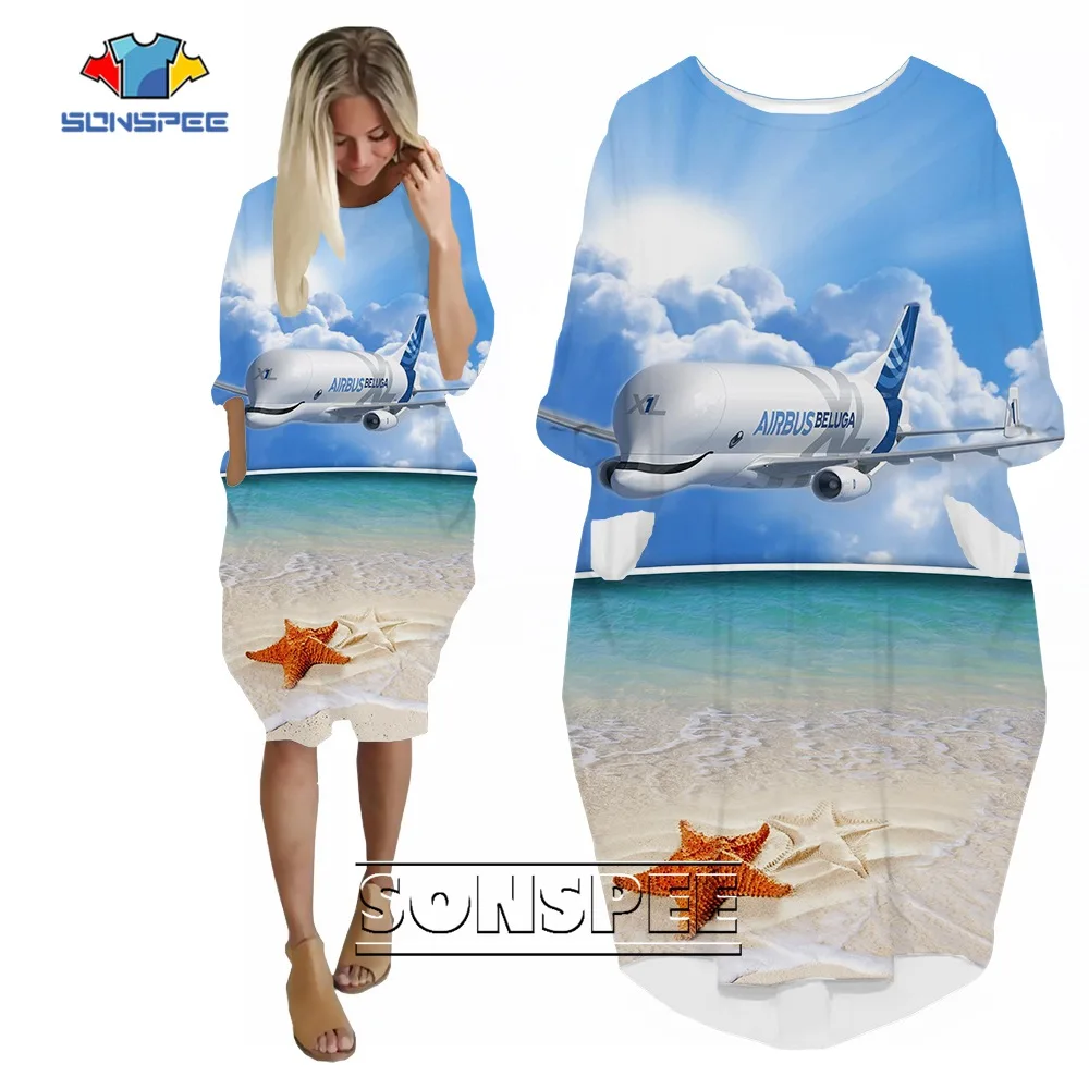

SONSPEE Seaside Scenery Image 3D Printing Dress Airplane Flight Pockets Skirt Female Loose Starfish Blue Sky Robe Dresses