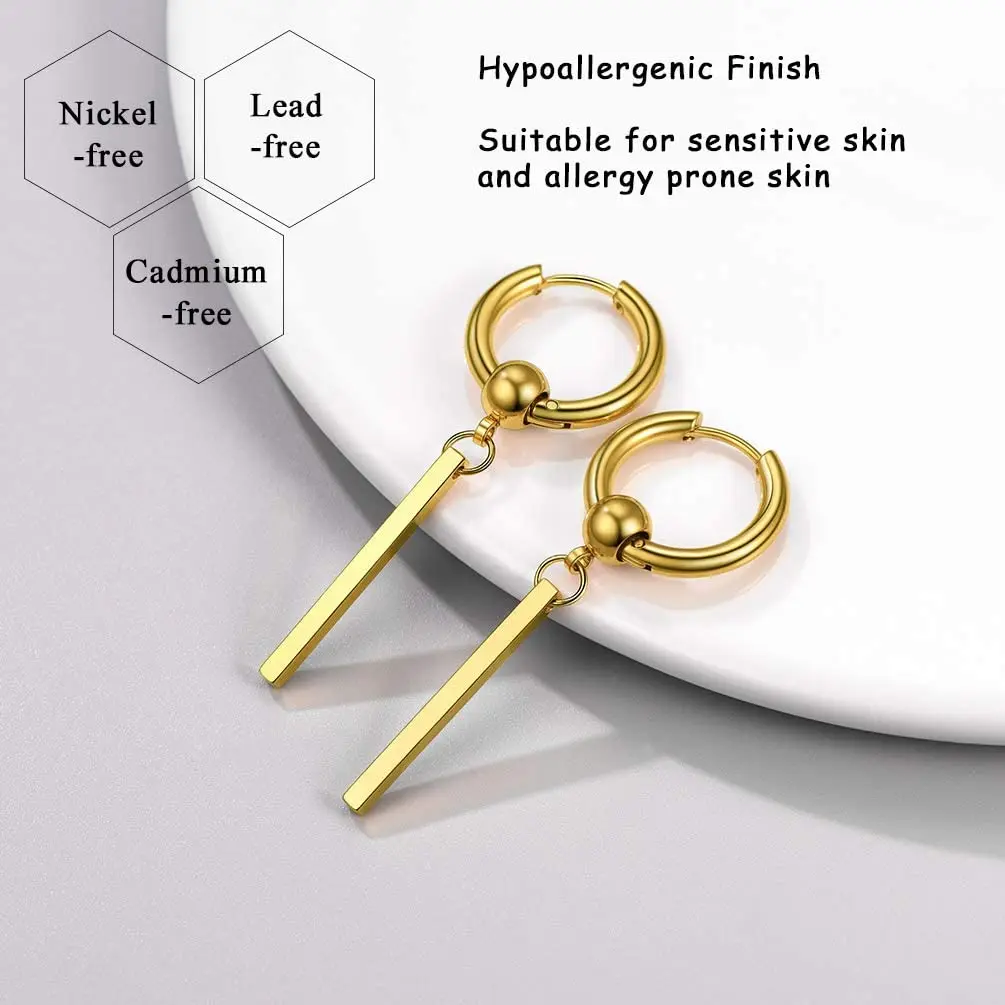 PROSTEEL Bar Earrings Stainless Steel Long Dangle Geometric Huggie Punk Black Gold Cool Men Women Drop Earrings Hypoallergenic