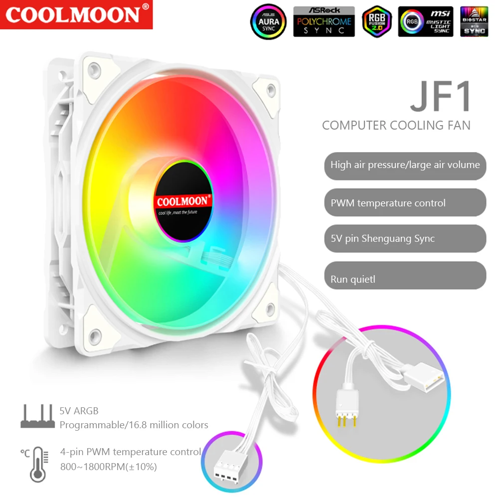 COOLMOON 냉각 선풍기, 120mm, 5V 3 핀 ARGB 케이스, 선풍기 아우라 싱크 섀시 쿨러, 4 핀 PWM 유압 베어링, 사일런트 컴퓨터 액세서리