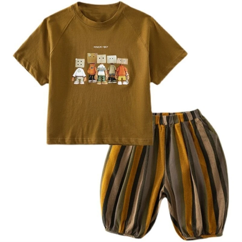 Boys Pure Cotton Summer Set Loose Short Sleeved Children's Clothing T-shirt+7-point Shorts New Baby Boy Thin Two-piece Set