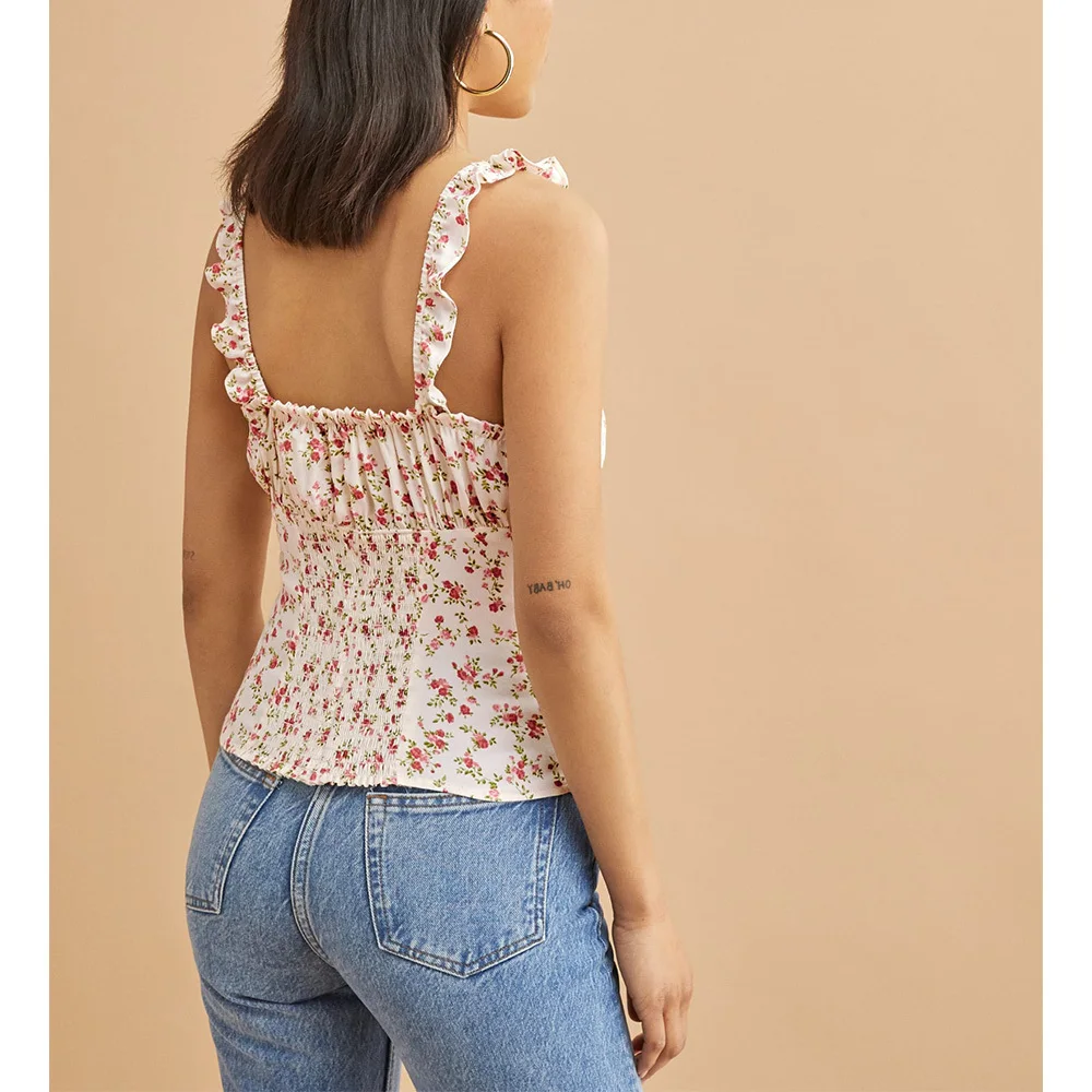 

Топ женский с квадратным вырезом, пикантная винтажная укороченная майка с цветочным принтом, на бретелях, с оборками, без рукавов, на лето