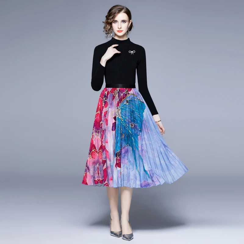 

WTIANYUW High Quality 2 Piece Set Fashion Elegant Vintage Knitting Tops Half High Collar Long Sleeve+Flower Print Skirt Suits