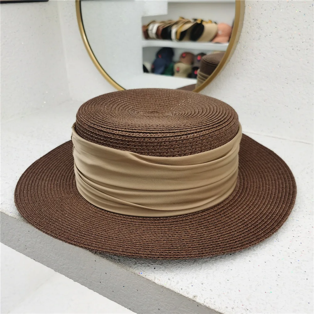New Fedoras Summer Women's Boater Beach Hat Wide Side Female Casual Panama Hat Lady Classic Flat Bowknot Straw Sun Hat Women