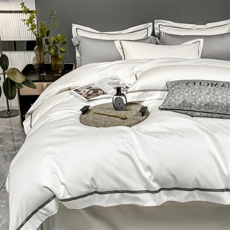 

Luxury Embroidery Bedding Set Egyptian Cotton 400TC Duvet Cover Flat Fitted Sheet With Pillowcase Single Double Queen King Size