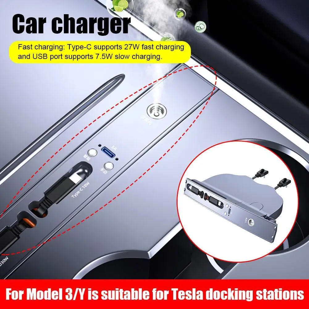 

27W Quick ChargerPD Type C Shunt Hub Extension Center Console Docking Station With Car Aromatherapy For Tesla Model 3 Y 2023