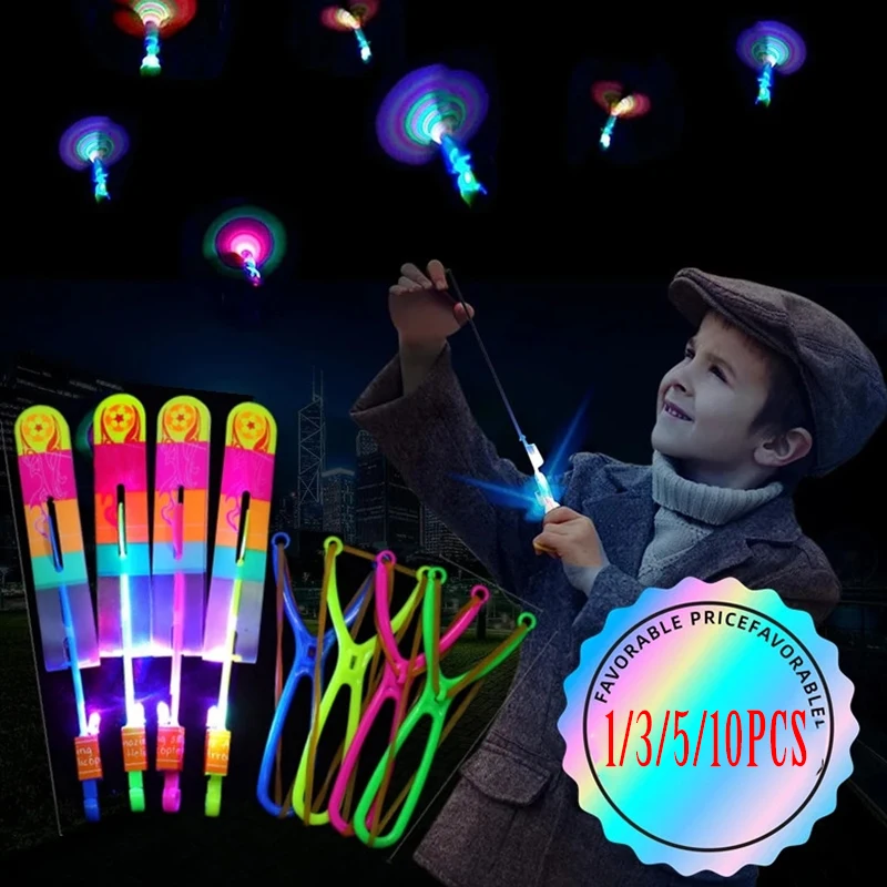Flying light toy 1/3/5/10pcs amazing light in the dark flying toys LED light indoor outdoor party fun gifts rubber band catapult kids