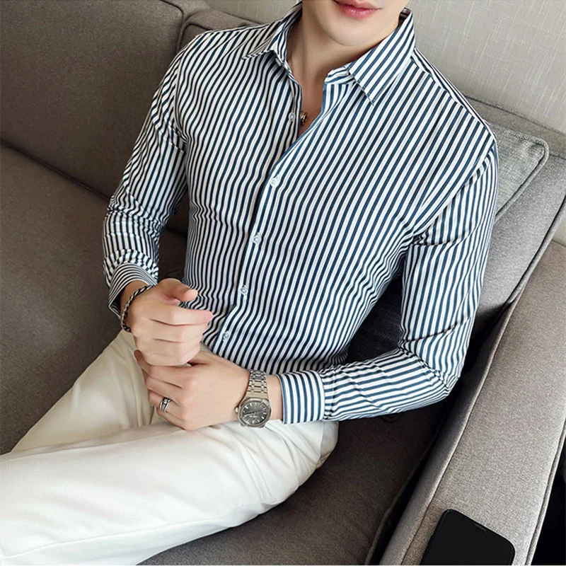 

2022 Men's Long Sleeve Striped Shirt Non-Iron Formal Casual Office Social Business Dress Shirts Cotton High Quality Top S-3XL