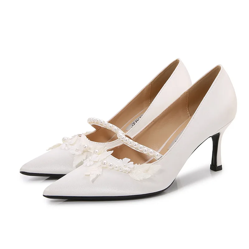 High Heel Women's 2024 New Thin Heel Pointed White Pearl Wedding Shoes French Bride Bridesmaid Shoes Silk Shoes