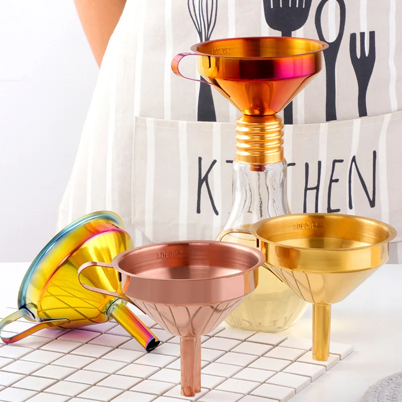 

304 Stainless Steel Kitchen Oil Liquid Funnel With Detachable Filter Strainer For Filling Bottles Canning Gold Metal Funnel