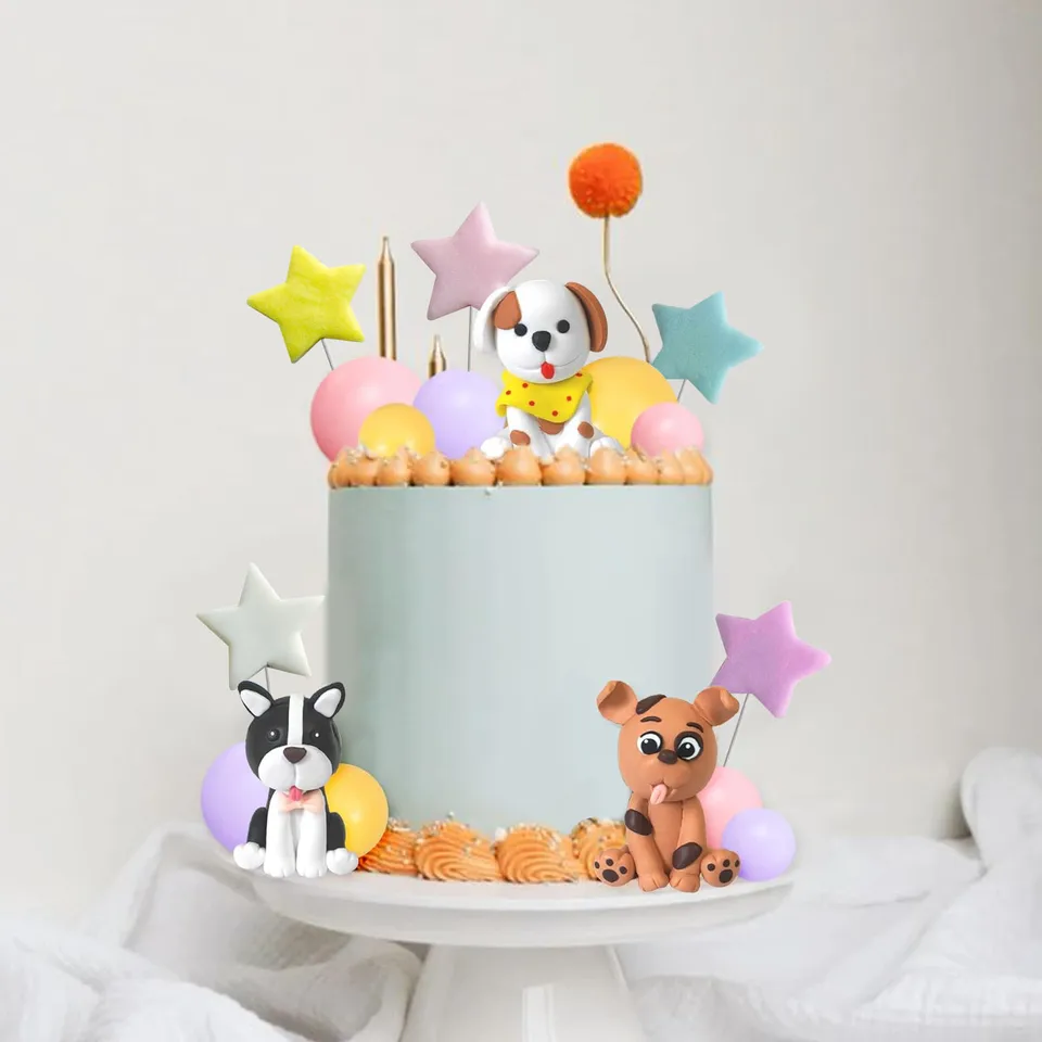 Topper Per Torta A Tema Cane - 3 Statuette Cucciolo In Argilla + Palline Colorate - Decorazioni Per Compleanno E Festa Animali